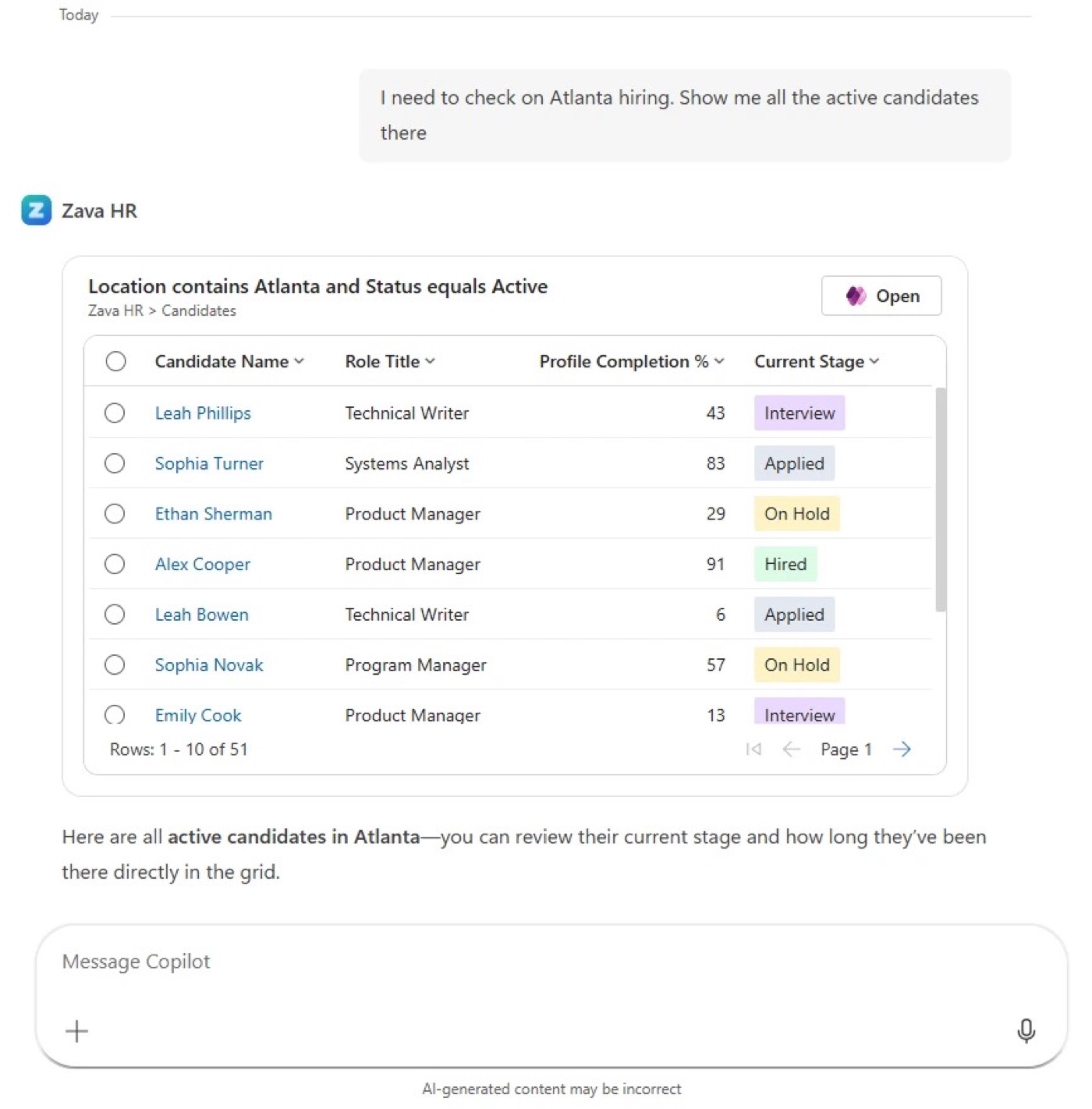 Power Apps data grid displayed inline in a Microsoft 365 Copilot chat response