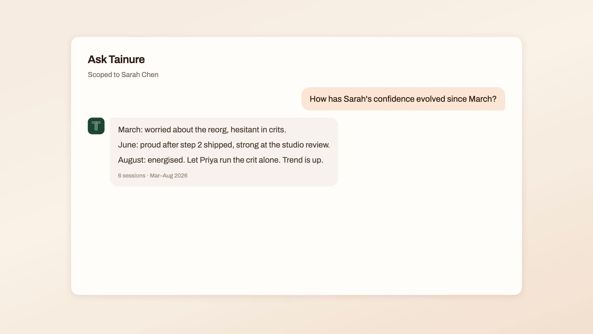 Tainure product film showing a question about Sarah's confidence and an answer based on her conversation history