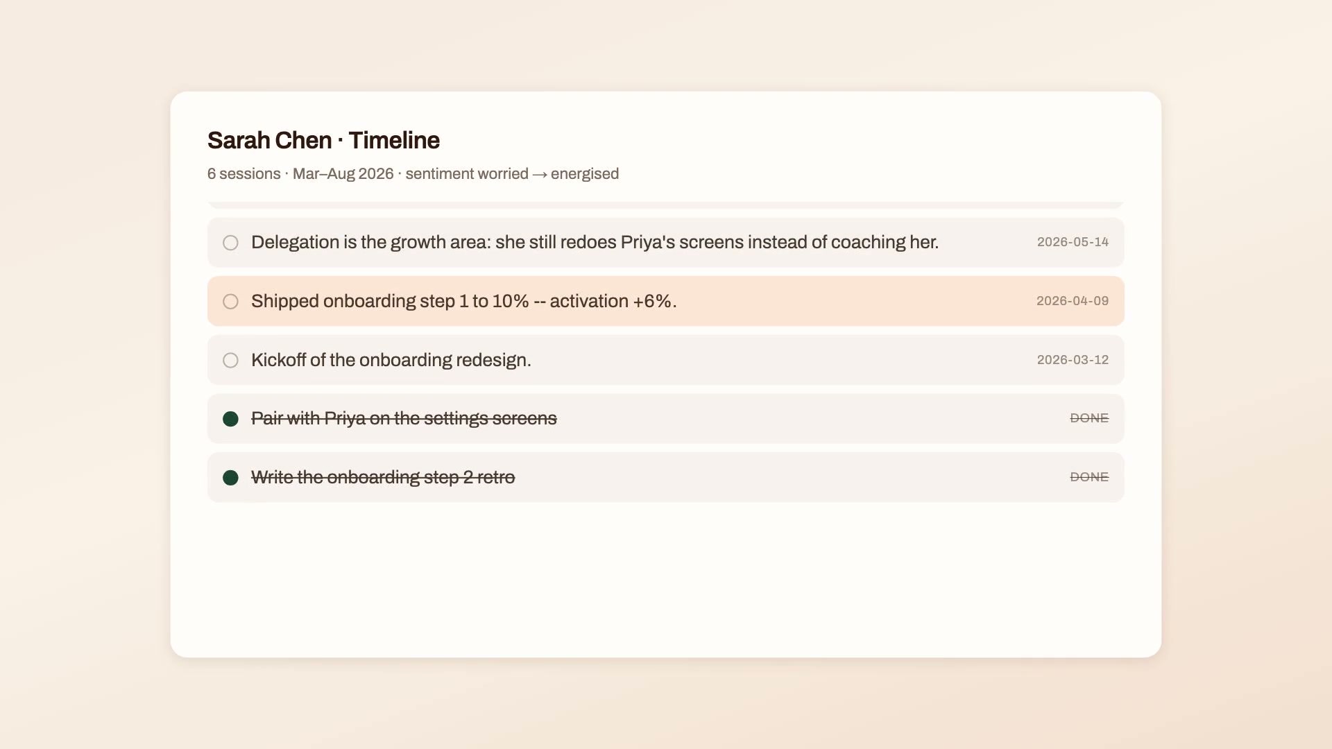 Tainure product film showing dated notes and completed actions in a person's timeline
